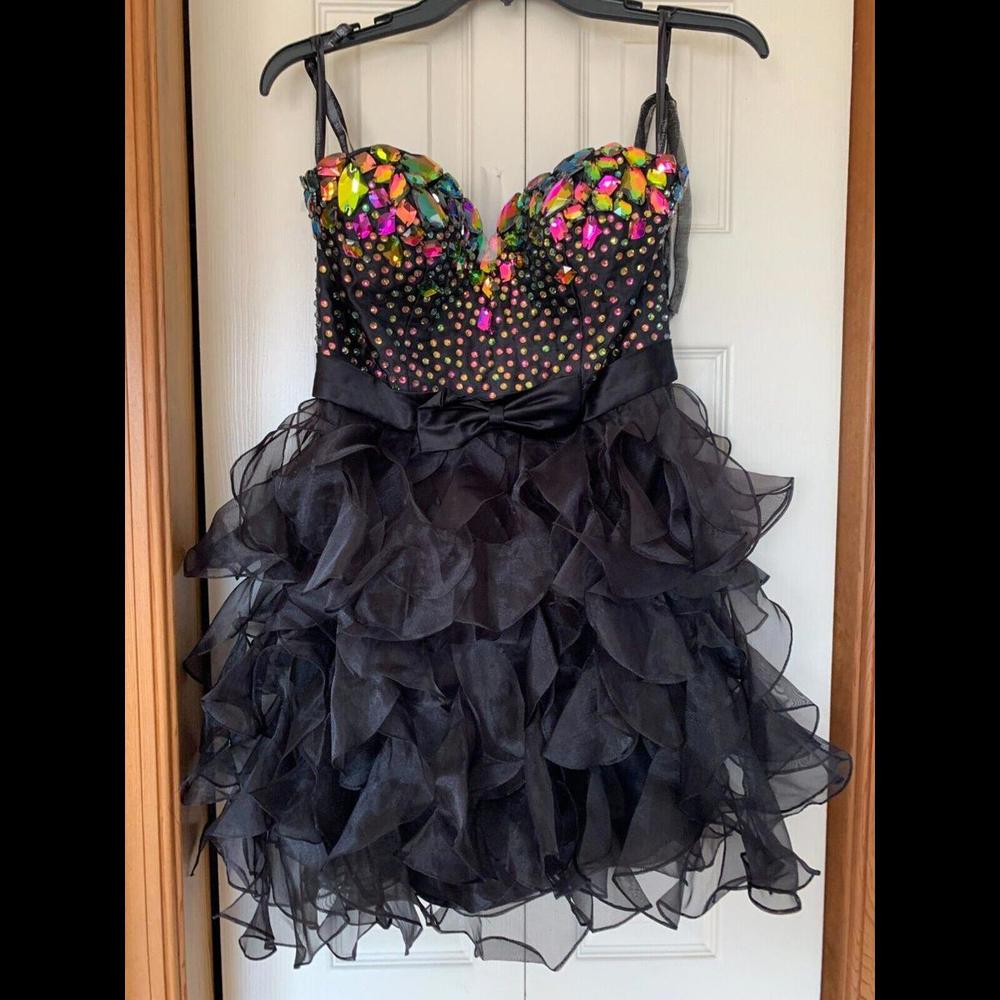Sherri Hill Womens Back Zip Sheer Fringe Crystal Sweetheart Dress Black Size 6 L